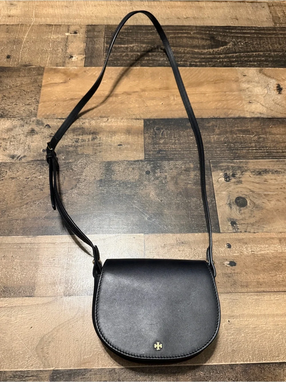 Tory Burch Black Leather Emerson Mini Saddle Crossbody Bag